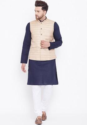 Navy Blue Solid Poly Blend Kurta Set For Men