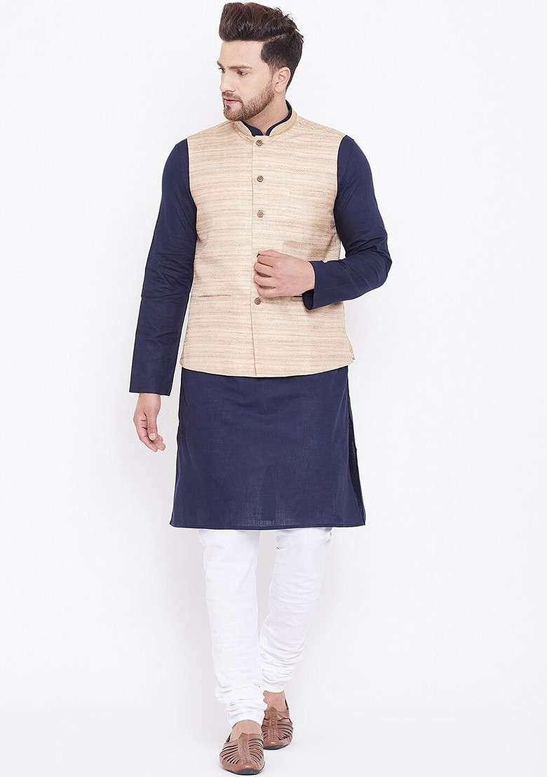 Navy Blue Solid Poly Blend Kurta Set For Men - Indya