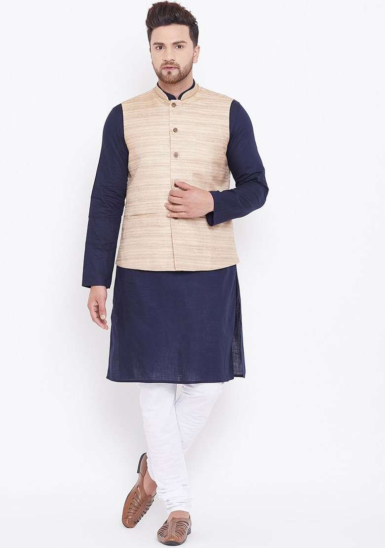 Navy Blue Solid Poly Blend Kurta Set For Men - Indya