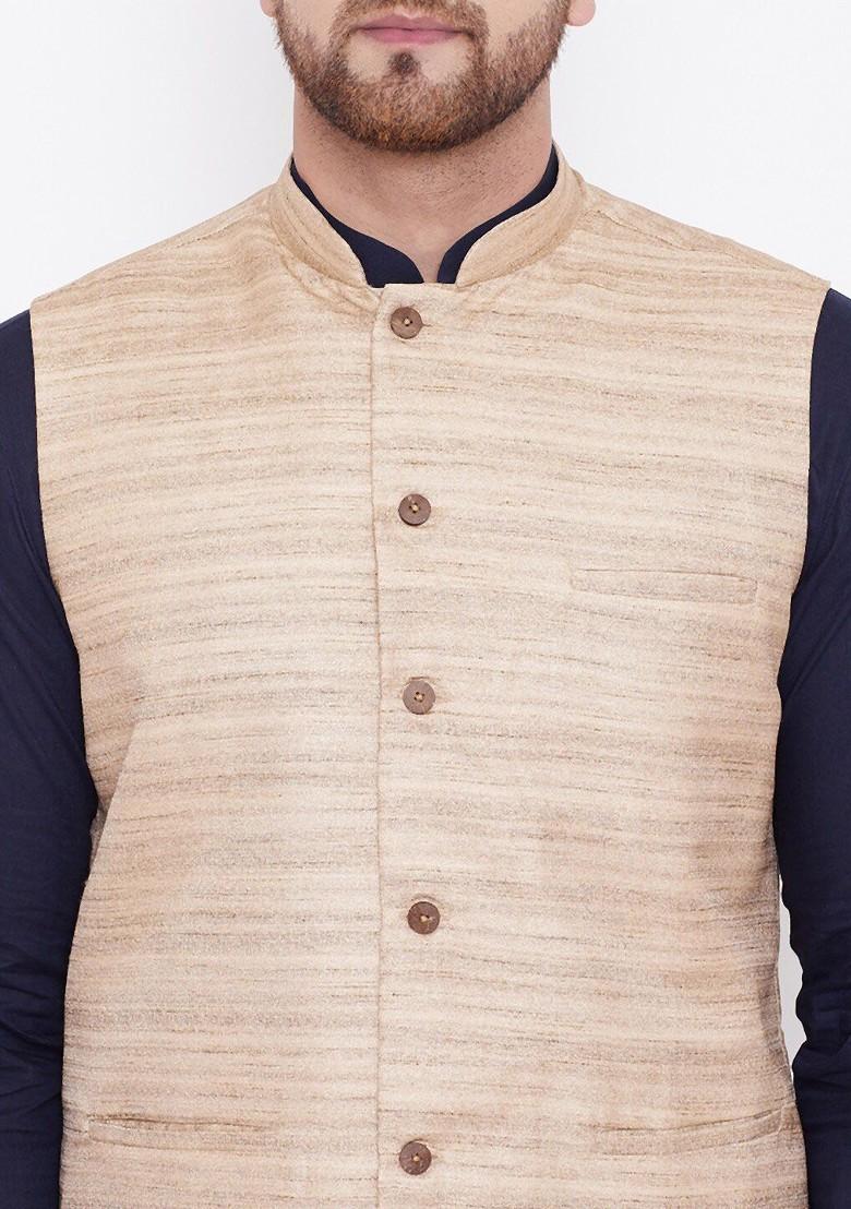 Navy Blue Solid Poly Blend Kurta Set For Men