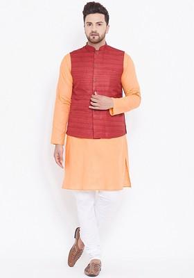 Orange Solid Poly Blend Kurta Set For Men