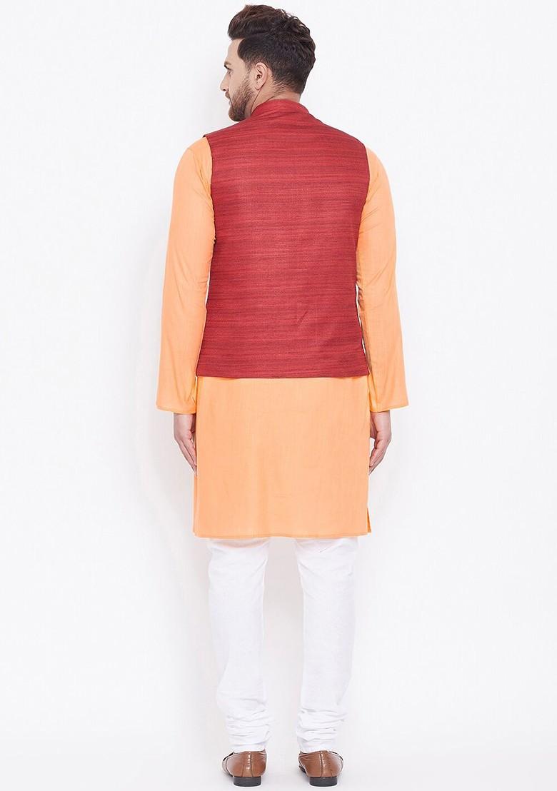 Orange Solid Poly Blend Kurta Set For Men