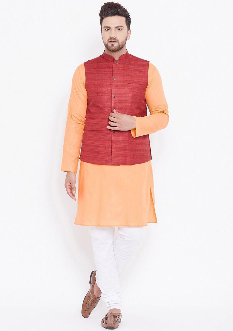 Orange Solid Poly Blend Kurta Set For Men