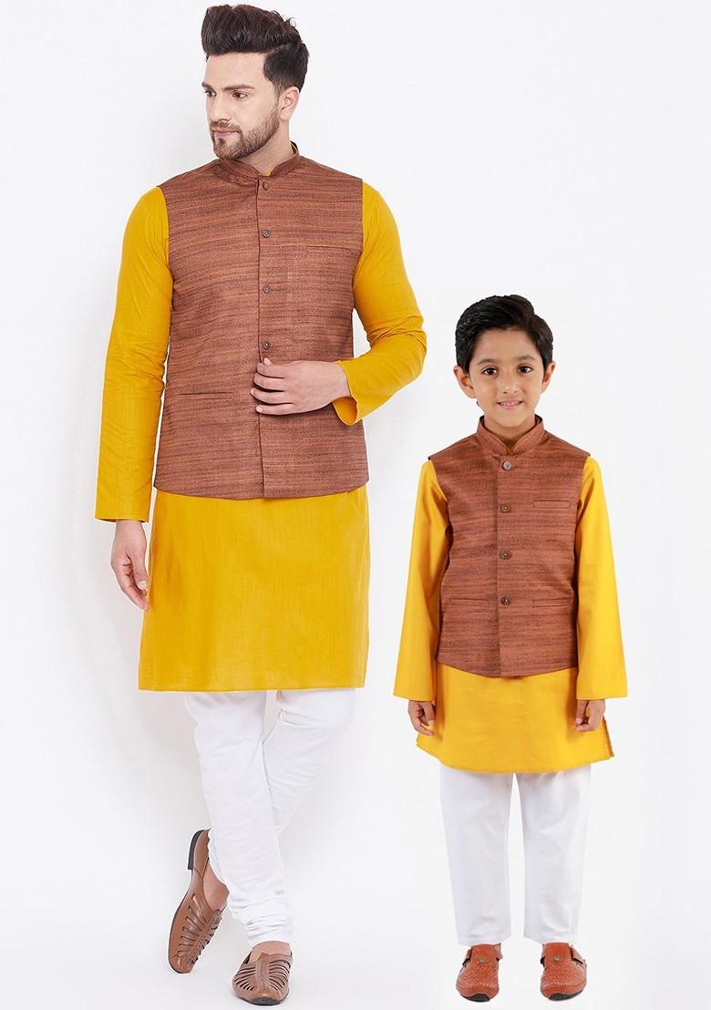Mustard Solid Poly Blend Kurta Set For Men