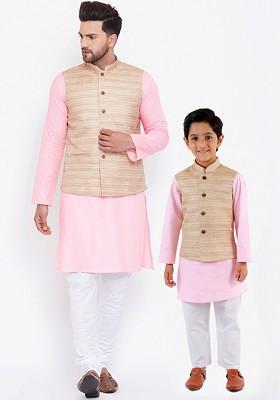 Pink Solid Poly Blend Kurta Set For Men