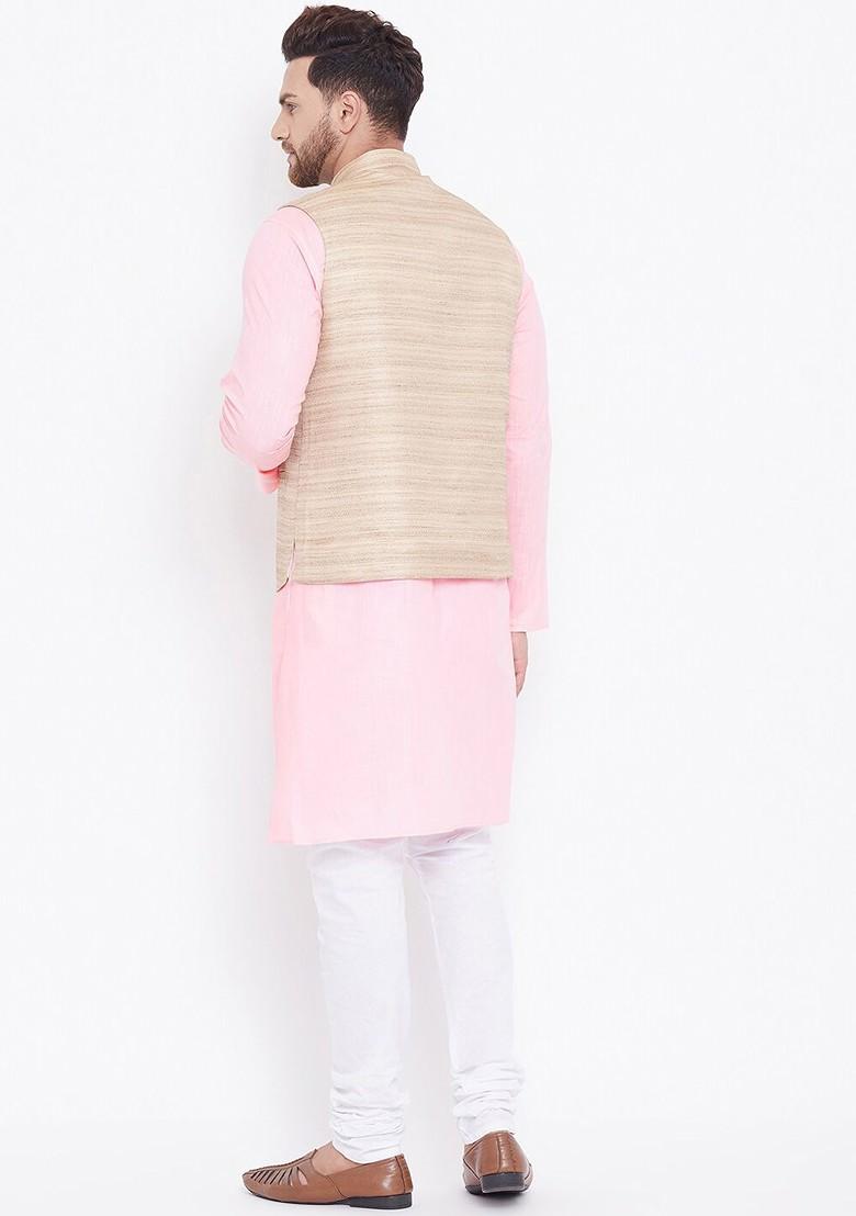 Pink Solid Poly Blend Kurta Set For Men