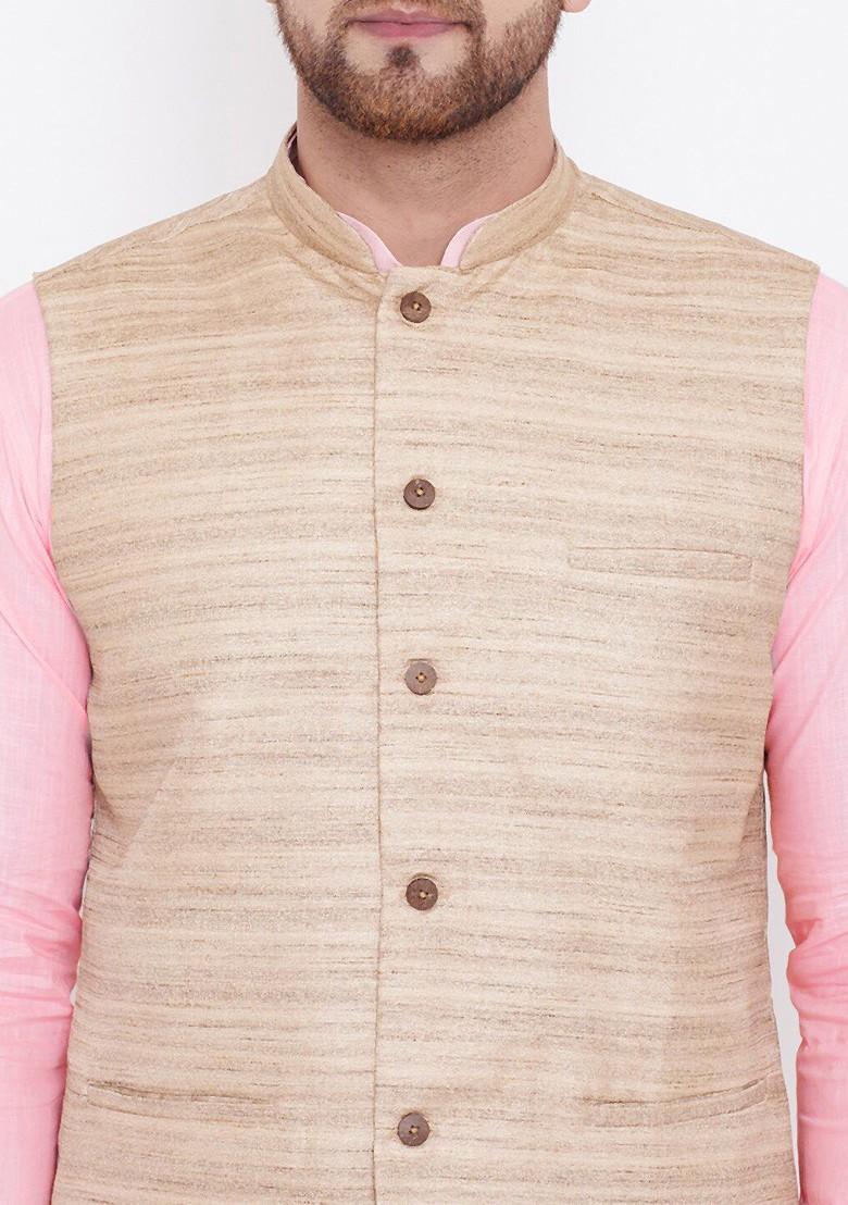 Pink Solid Poly Blend Kurta Set For Men