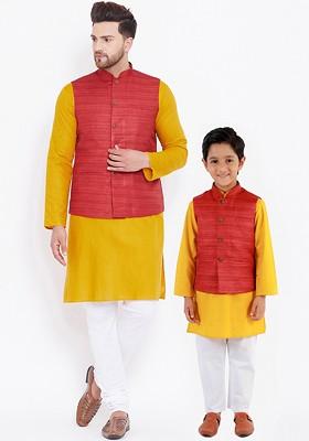 Mustard Solid Poly Blend Kurta Set For Men