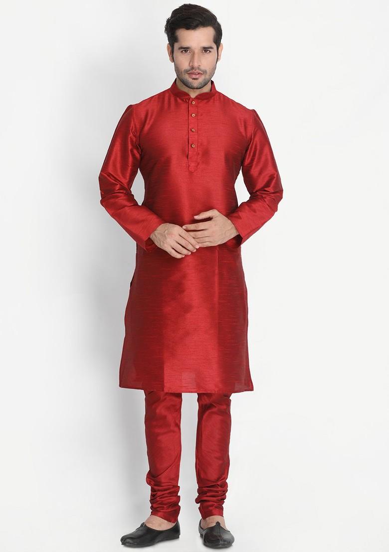 Maroon Solid Poly Blend Kurta Set For Men