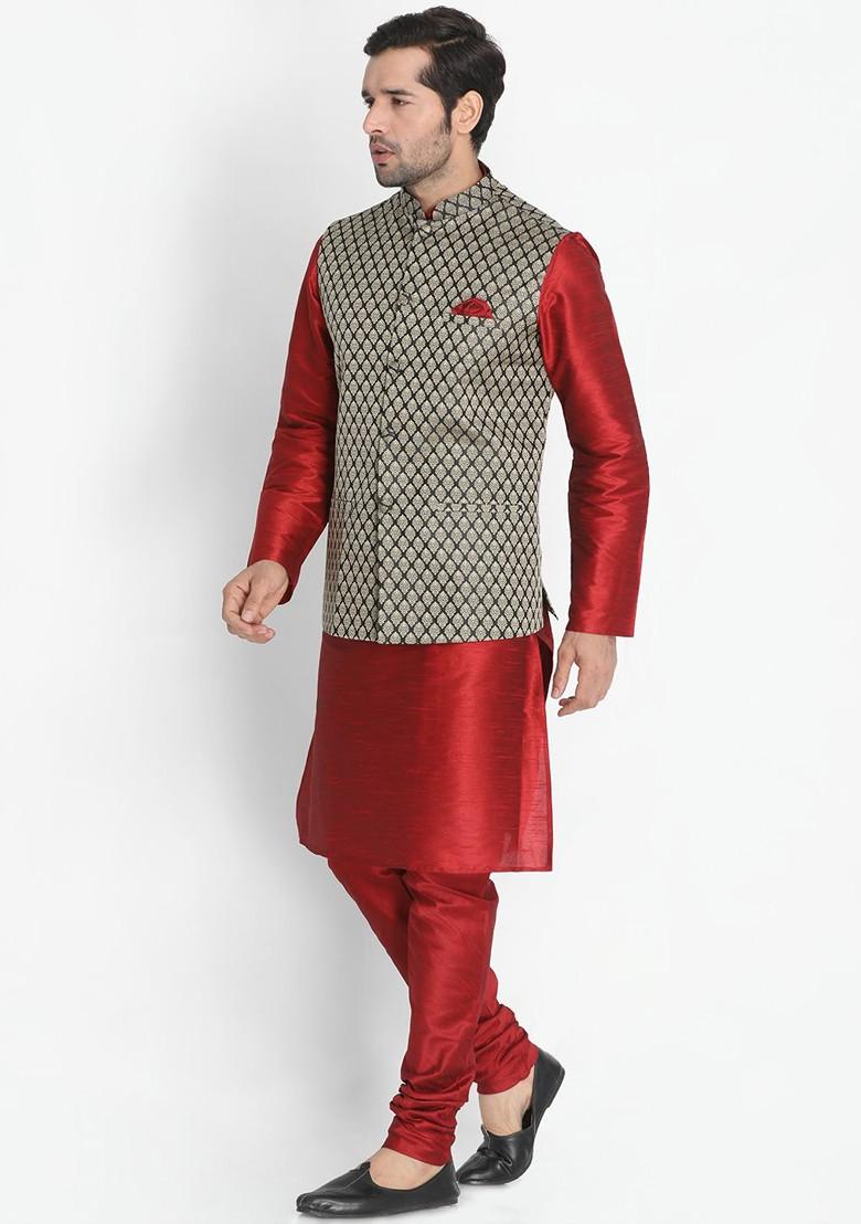 Maroon Solid Poly Blend Kurta Set For Men