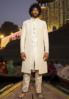 Cream Embroidered Poly Blend Indowestern Sherwani Set For Men