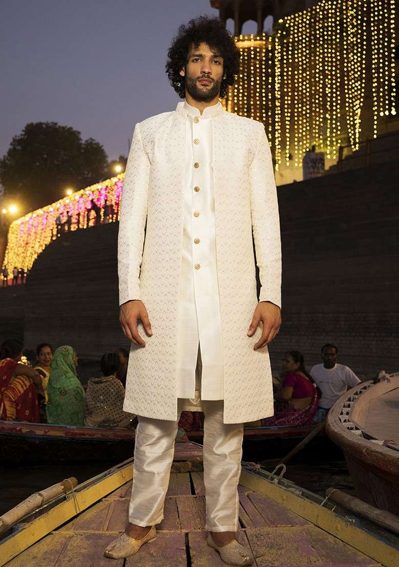 Cream Embroidered Poly Blend Indowestern Sherwani Set For Men - Indya
