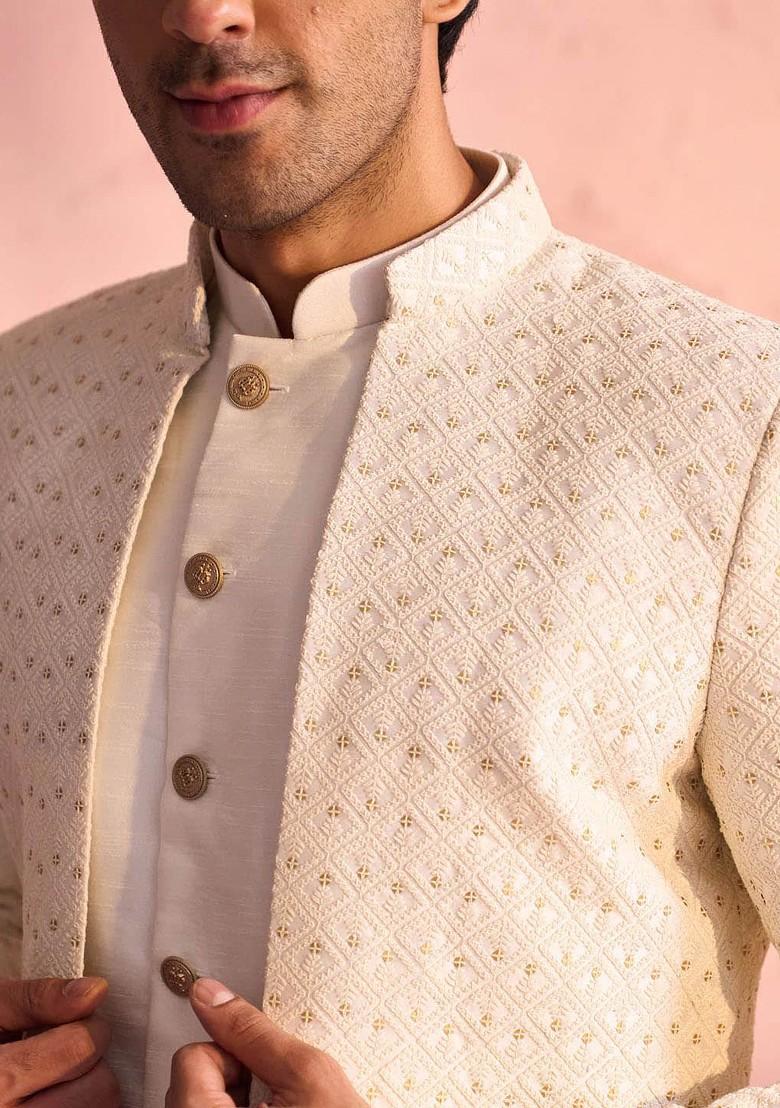 Cream Embroidered Poly Blend Indowestern Sherwani Set For Men