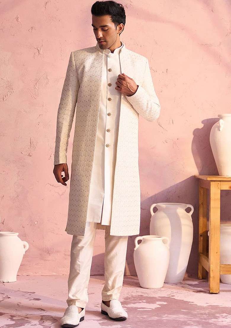 Cream Embroidered Poly Blend Indowestern Sherwani Set For Men - Indya
