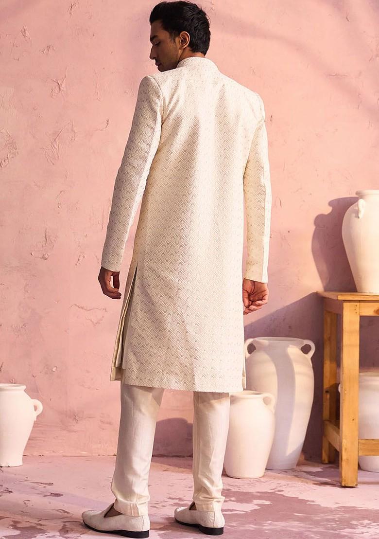Cream Embroidered Poly Blend Indowestern Sherwani Set For Men