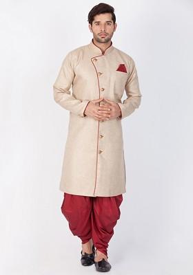 Cream Solid Poly Blend Indowestern Sherwani Set For Men