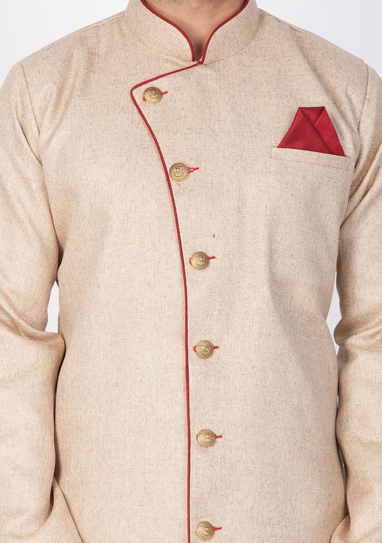 Cream Solid Poly Blend Indowestern Sherwani Set For Men