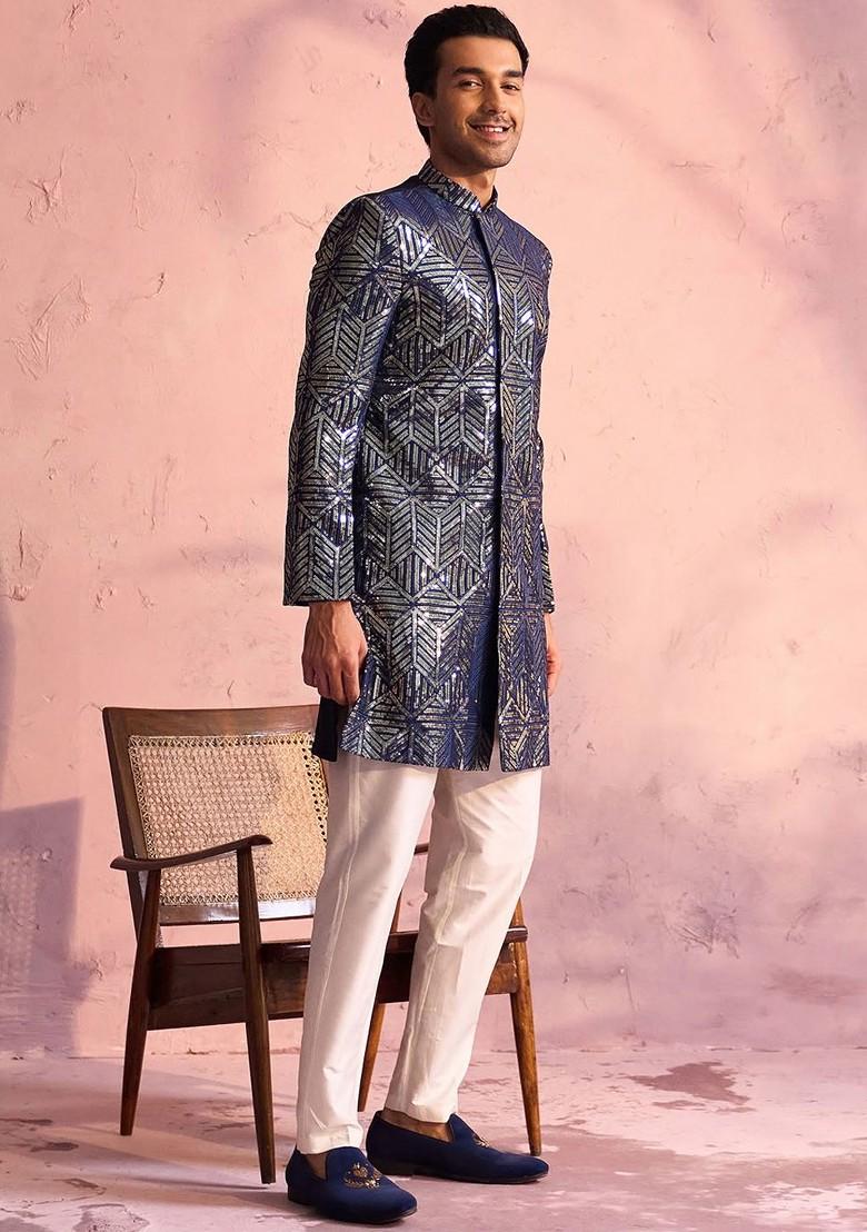 Navy Blue Embellished Poly Blend Indowestern Sherwani Set For Men