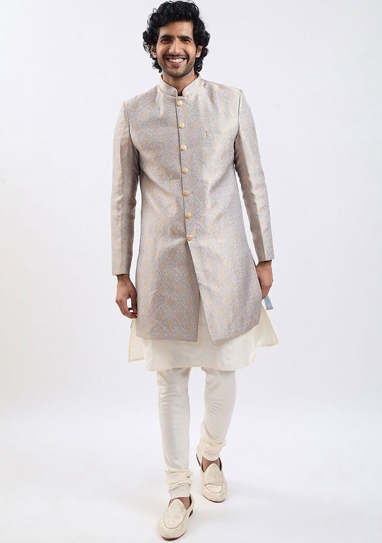 Grey Solid Poly Blend Indowestern Sherwani Set For Men