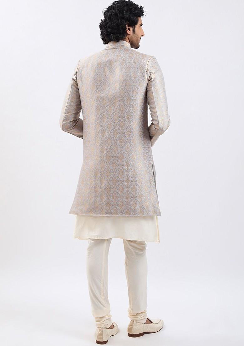 Grey Solid Poly Blend Indowestern Sherwani Set For Men