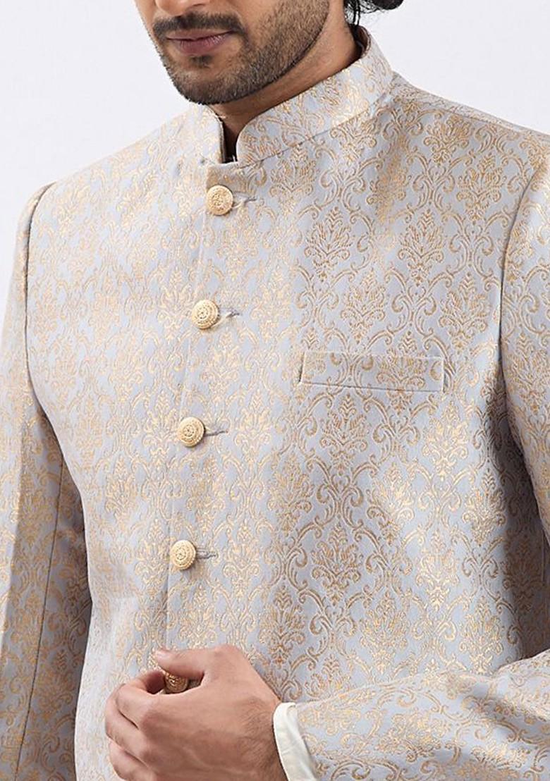 Grey Solid Poly Blend Indowestern Sherwani Set For Men