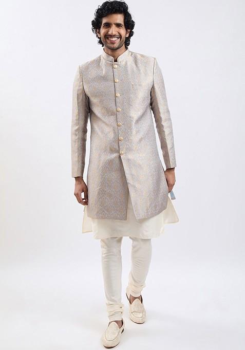 Grey Solid Poly Blend Indowestern Sherwani Set For Men