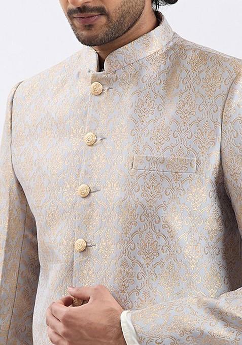 Grey Solid Poly Blend Indowestern Sherwani Set For Men