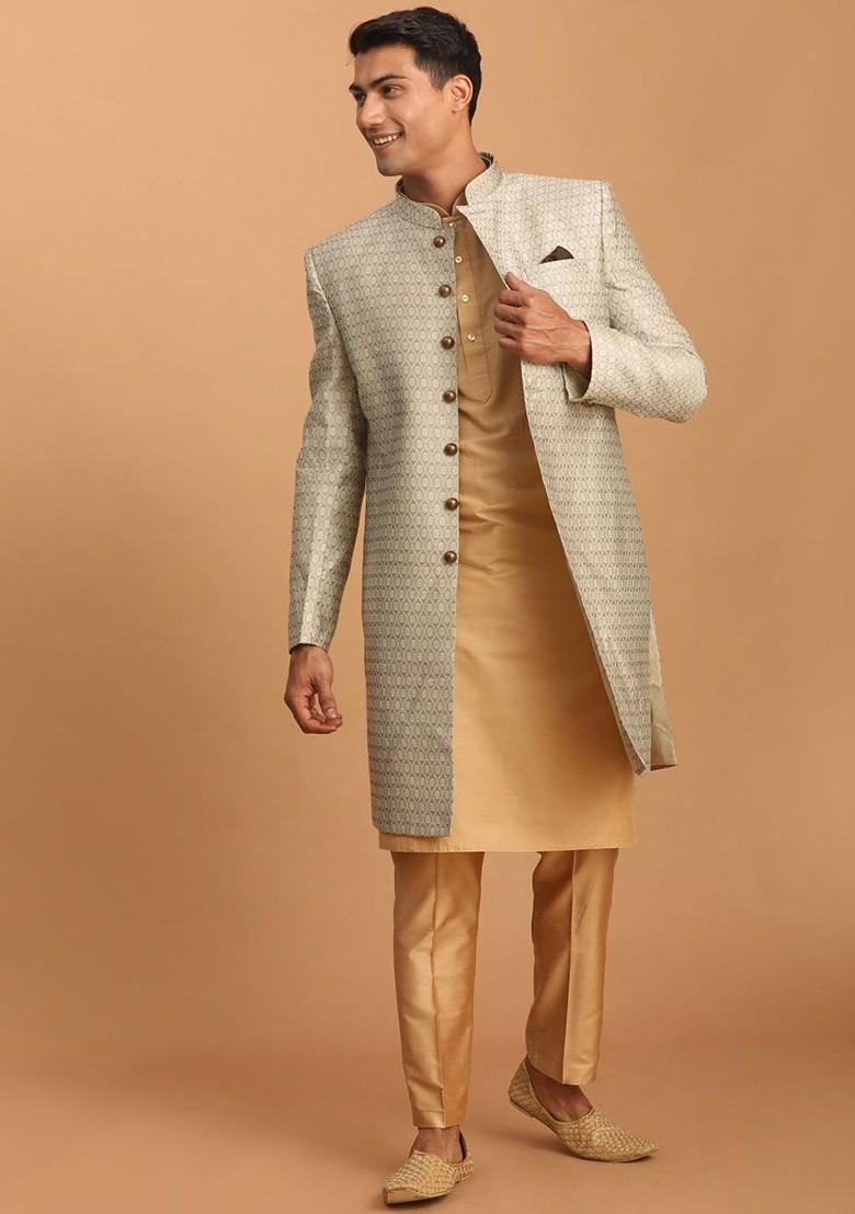 Peach Embroidered Poly Blend Indowestern Sherwani Set For Men