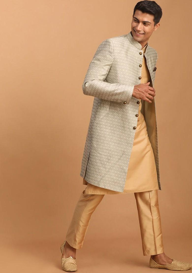Peach Embroidered Poly Blend Indowestern Sherwani Set For Men