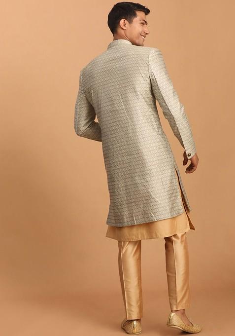 Peach Embroidered Poly Blend Indowestern Sherwani Set For Men