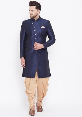Navy Blue Solid Poly Blend Indowestern Sherwani Set For Men
