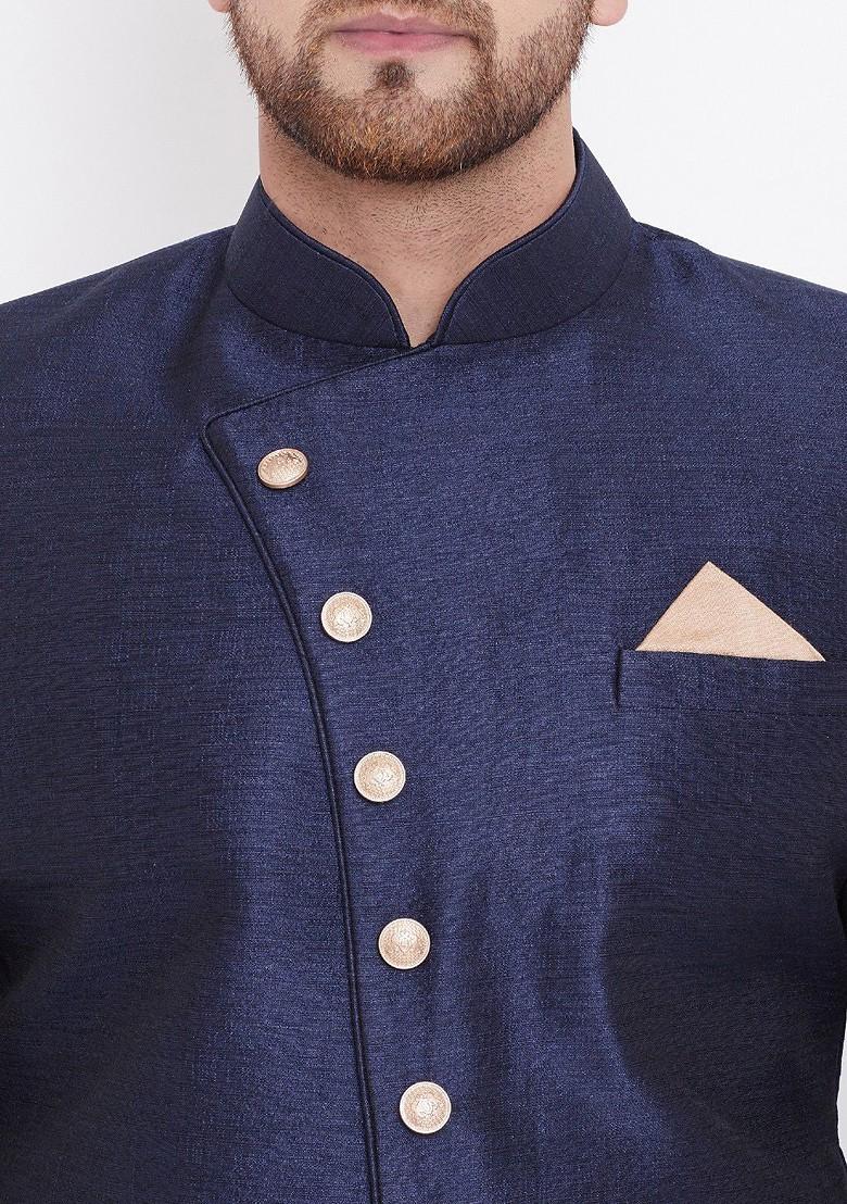 Navy Blue Solid Poly Blend Indowestern Sherwani Set For Men