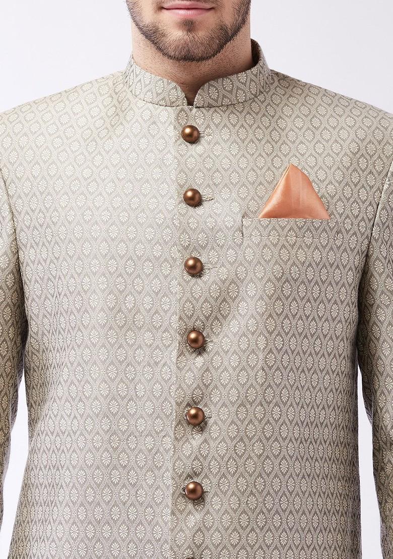 Beige Woven Silk Indowestern Sherwani Set For Men