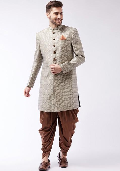 Beige Woven Silk Indowestern Sherwani Set For Men — view on Indya