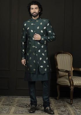 Green Embroidered Poly Blend Indowestern Sherwani Set For Men