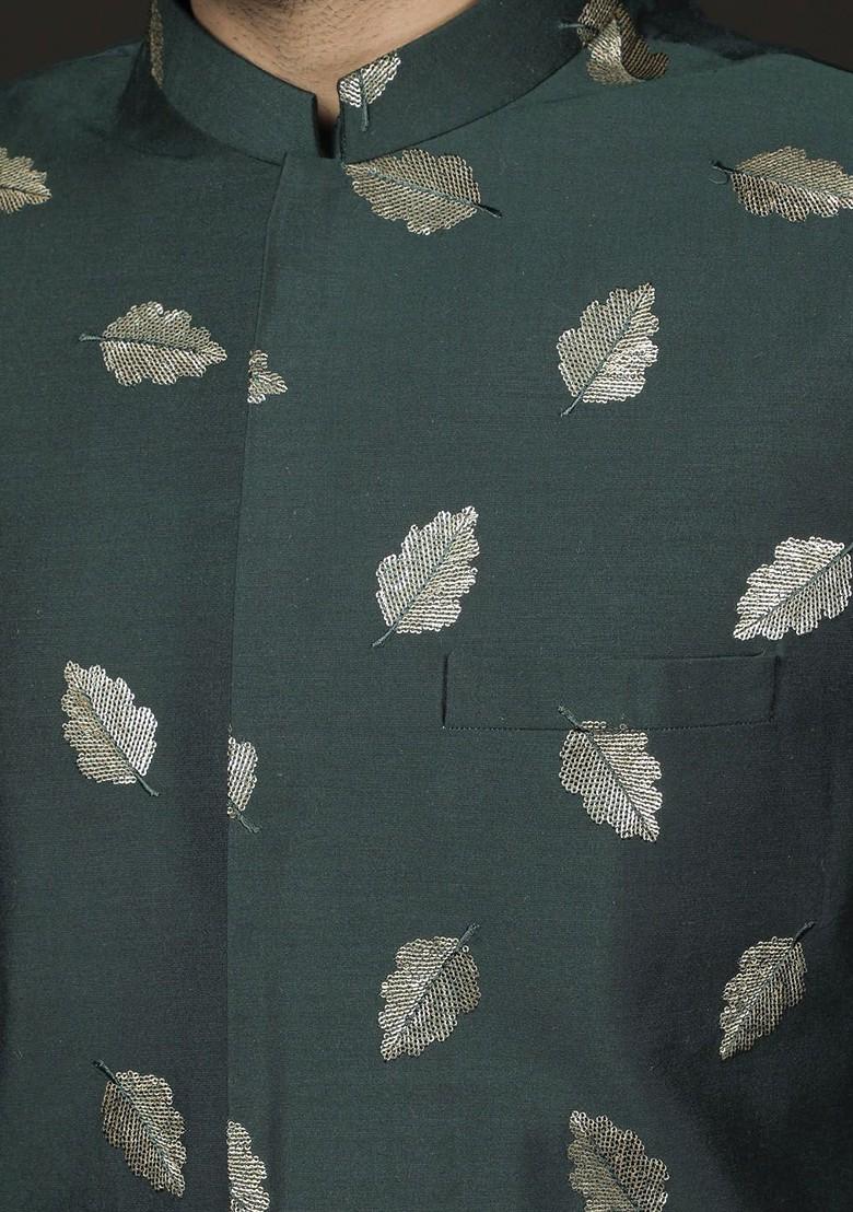 Green Embroidered Poly Blend Indowestern Sherwani Set For Men