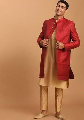 Maroon Embroidered Poly Blend Indowestern Sherwani Set For Men