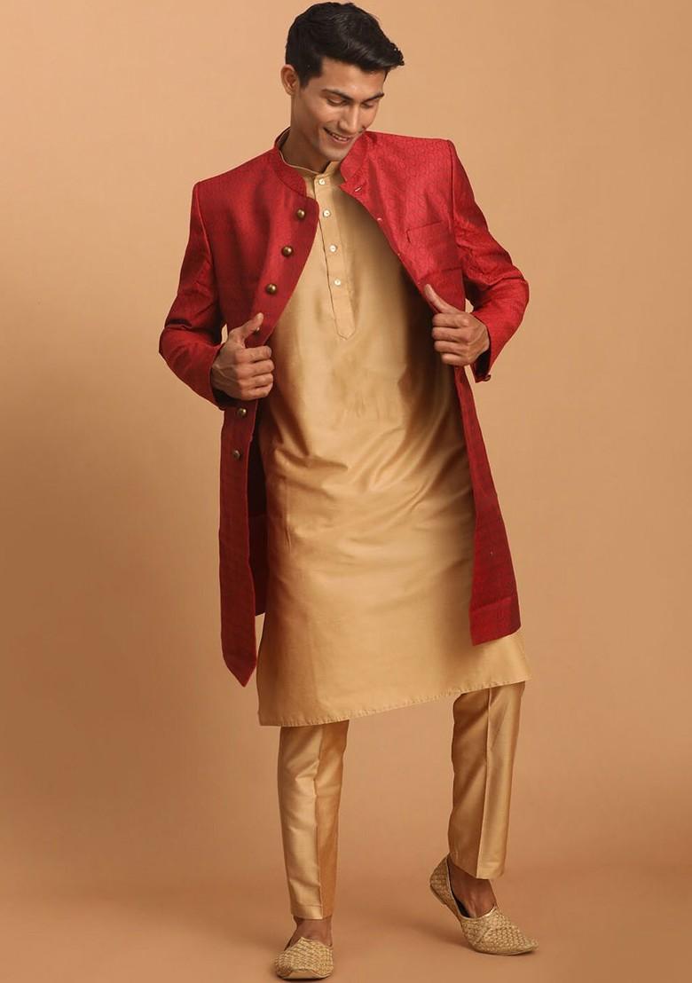 Maroon Embroidered Poly Blend Indowestern Sherwani Set For Men