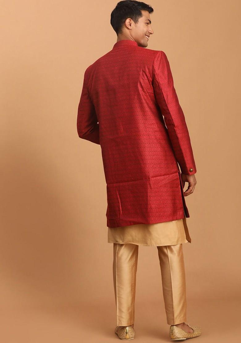Maroon Embroidered Poly Blend Indowestern Sherwani Set For Men