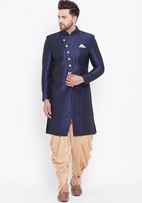 Navy Blue Woven Poly Blend Indowestern Sherwani Set For Men