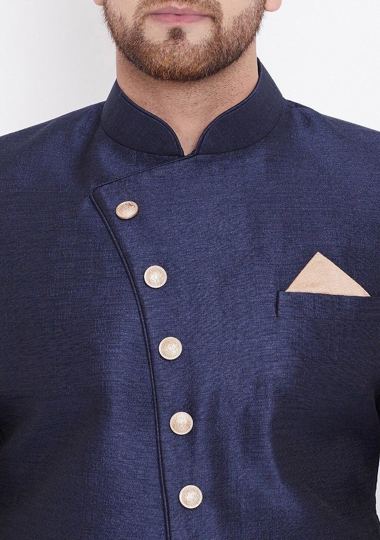 Navy Blue Woven Poly Blend Indowestern Sherwani Set For Men