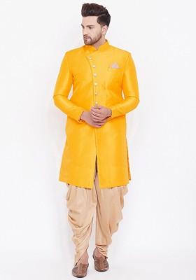 Mustard Woven Poly Blend Indowestern Sherwani Set For Men