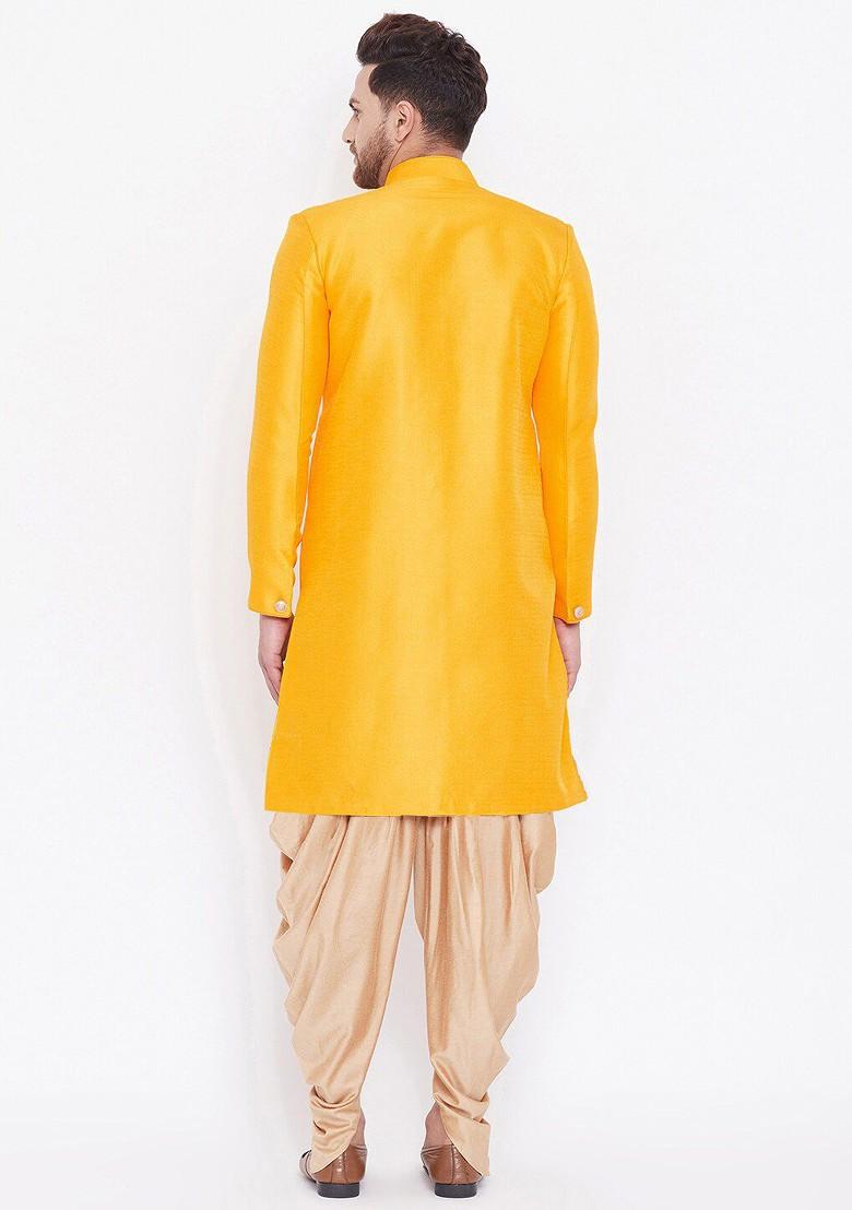 Mustard Woven Poly Blend Indowestern Sherwani Set For Men