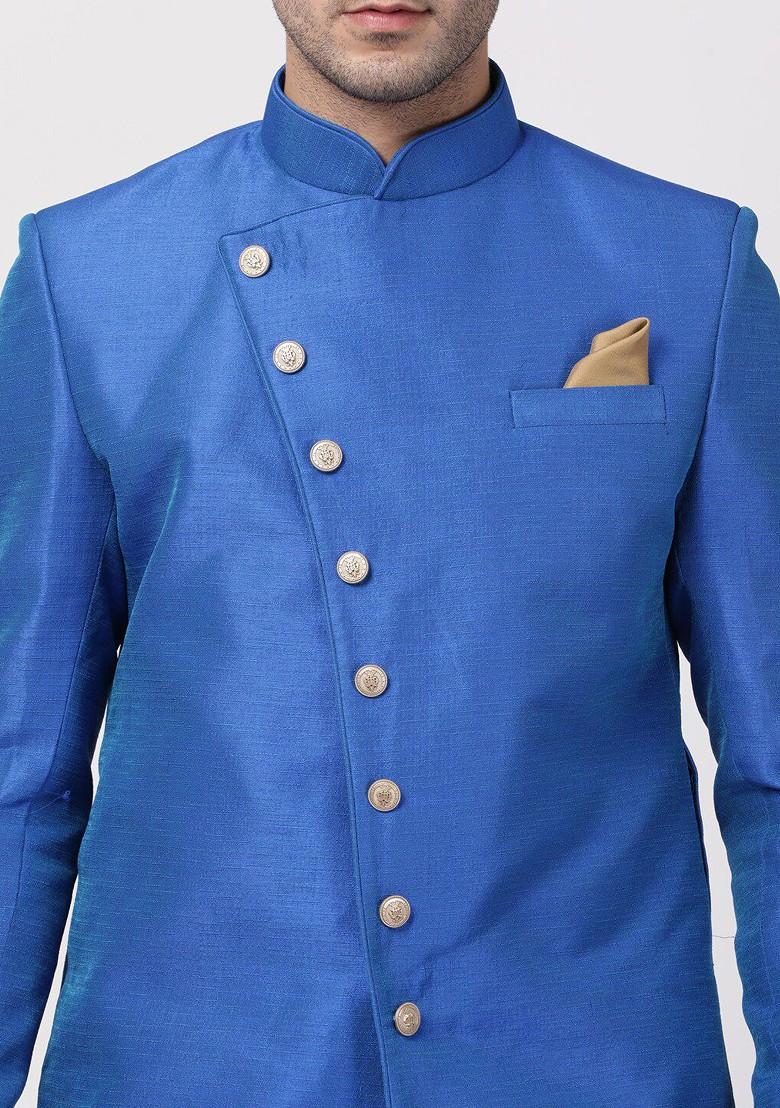 Blue Solid Poly Blend Indowestern Sherwani Set For Men