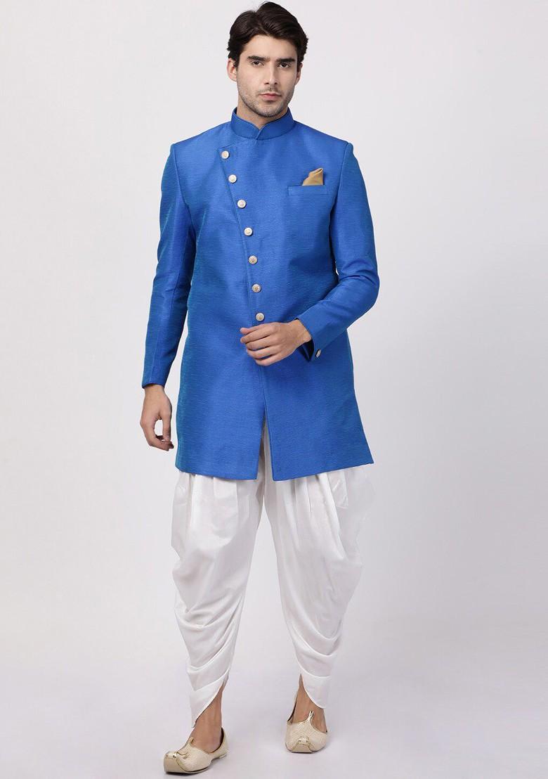 Blue Solid Poly Blend Indowestern Sherwani Set For Men