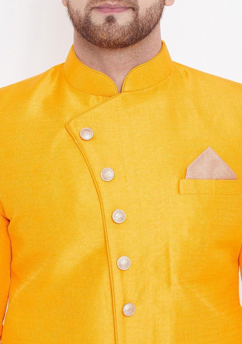 Mustard Embroidered Poly Blend Indowestern Sherwani Set For Men