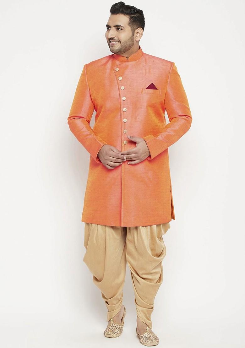 Orange Solid Poly Blend Indowestern Sherwani Set For Men