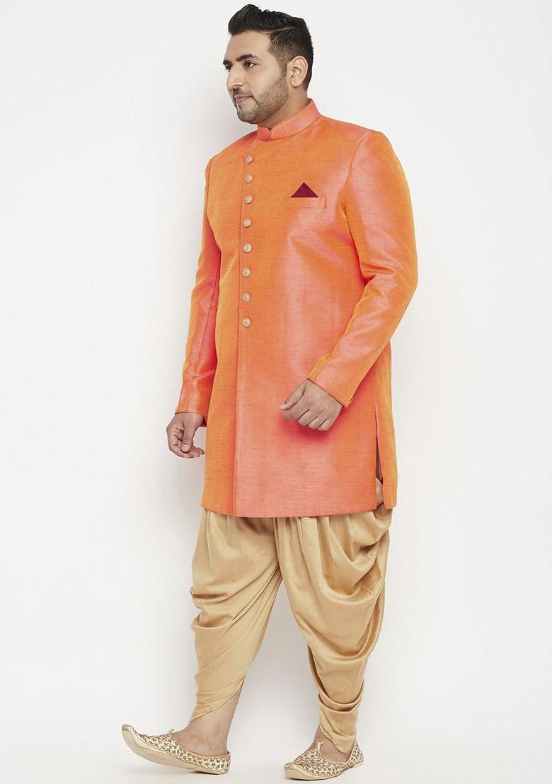 Orange Solid Poly Blend Indowestern Sherwani Set For Men