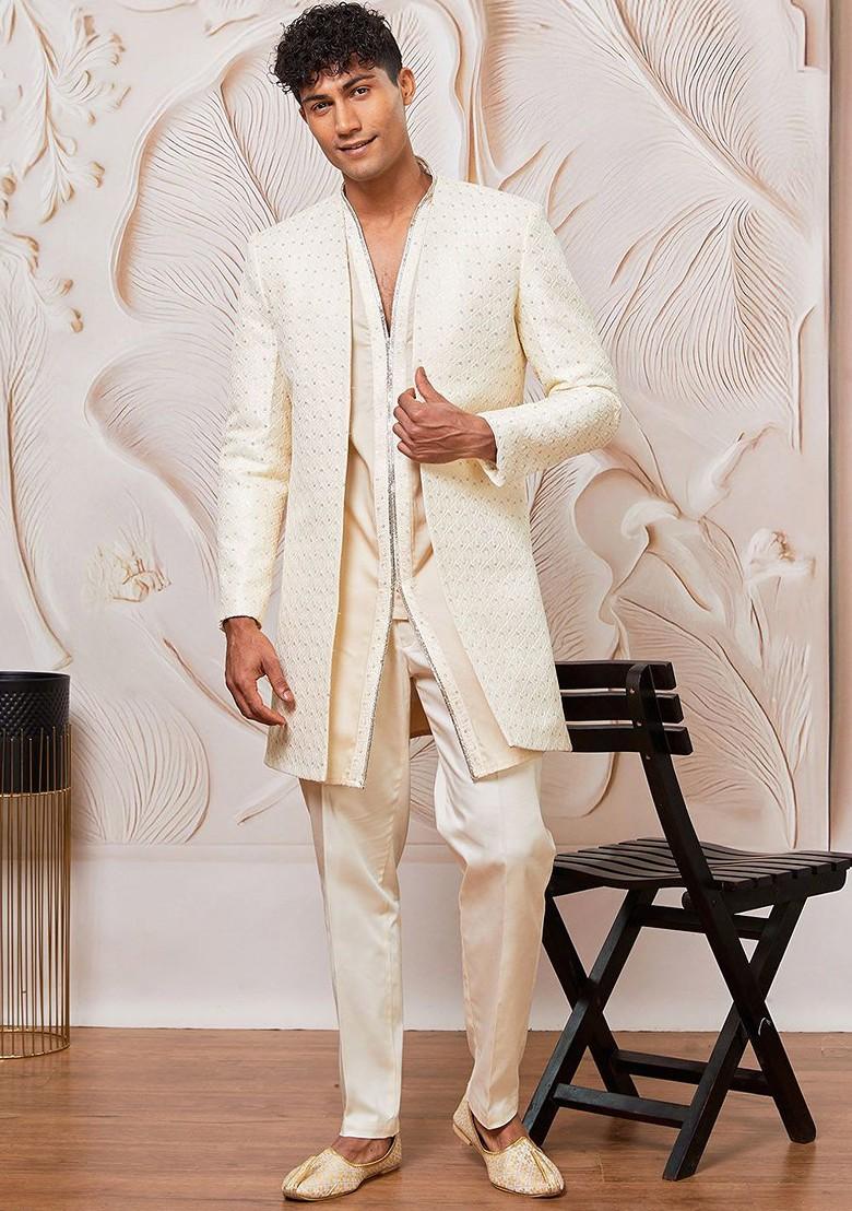 Cream Embroidered Poly Blend Indowestern Sherwani Set For Men