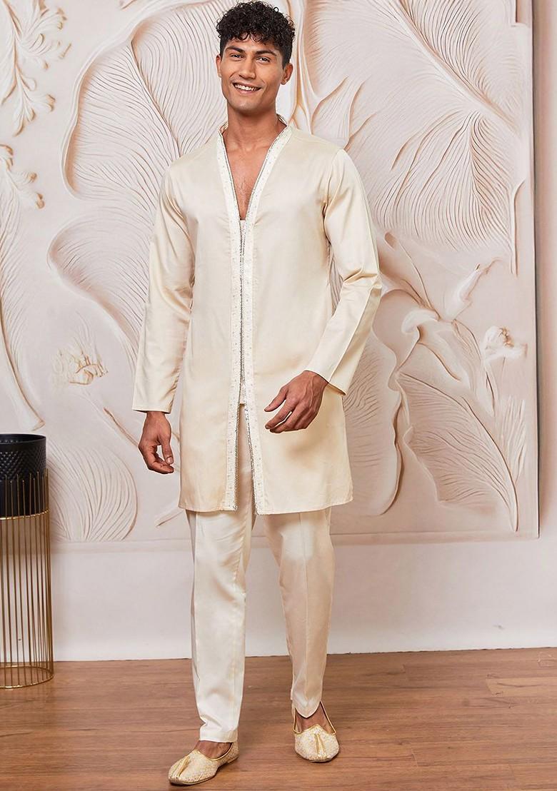 Cream Embroidered Poly Blend Indowestern Sherwani Set For Men